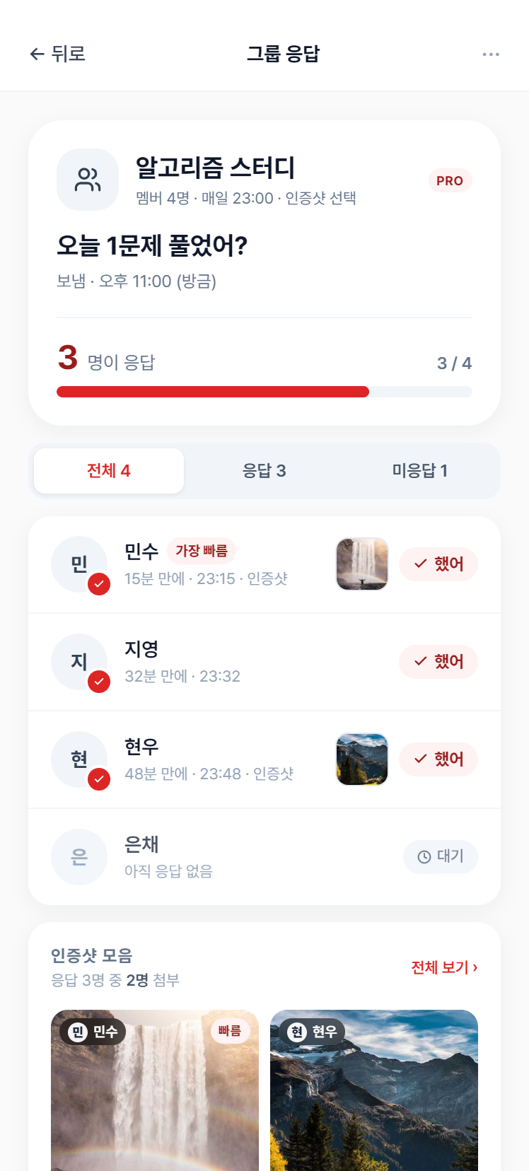 그룹 응답 — 멤버별 응답 + 인증샷